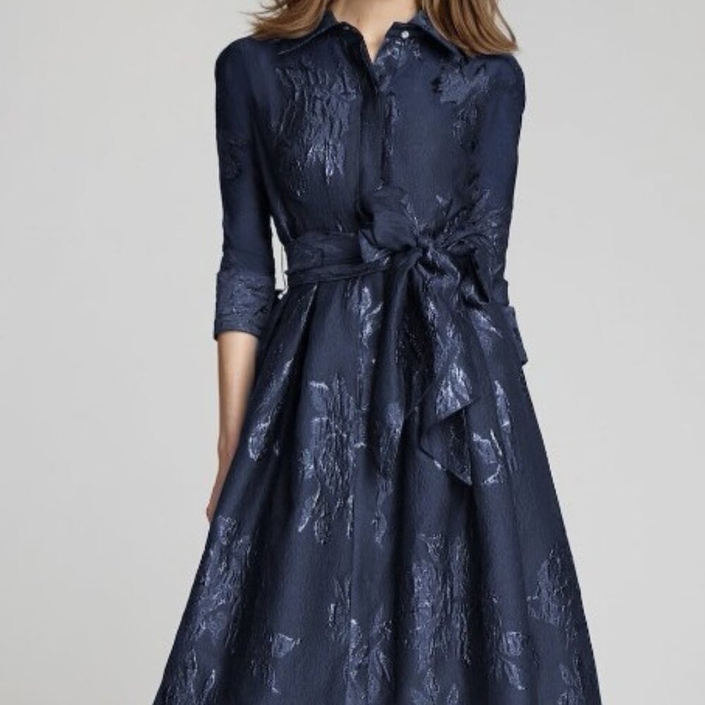 Teri Jon Navy Metallic Jacquard Shirtdress Gown, Size 22, with Floral Print - Picture 2 of 4